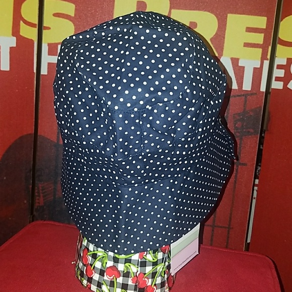 Tatyana Dotty Retro 50's Blue White Polka Dot Beach Bonnet Garden Hat w Buttons - Picture 5 of 8